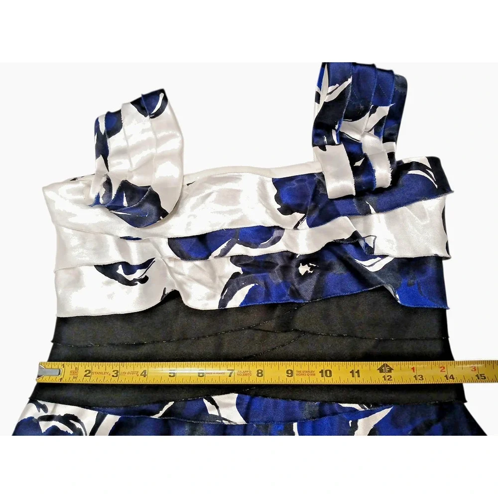 Jones Wear Satin Tiered Coctail Mini Dress Size 6 White Blue Floral‎ Sleeveless